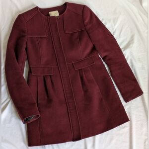 Ann Taylor LOFT Burgundy Red Wool Blend Pleated Dress Overcoat Jacket Womens XS